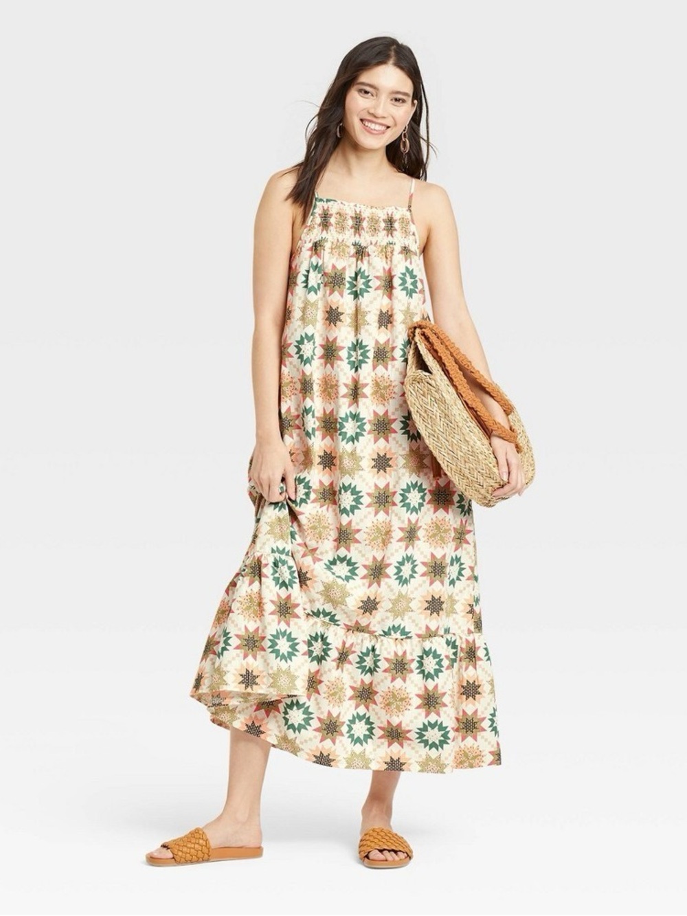 Patchwork Cottagecore Boho Sleeveless Tiered Maxi Square Neck Dress
